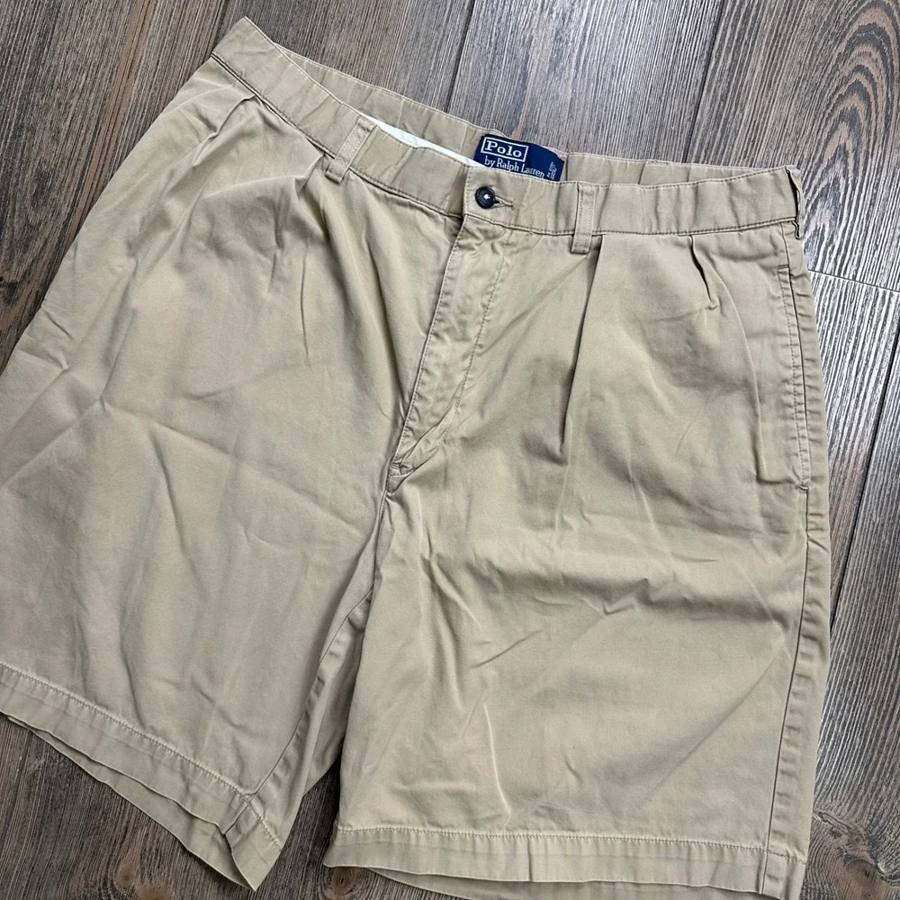 Polo Ralph Lauren Tyler Short Mens 35 Khaki Tan Pleated Cotton Chino Shorts 9in